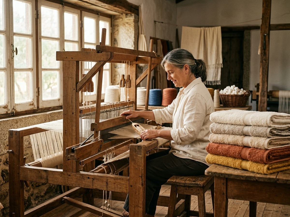 Thuvaalai Master Artisan Weaving Organic Towels on Traditional Wooden Loom